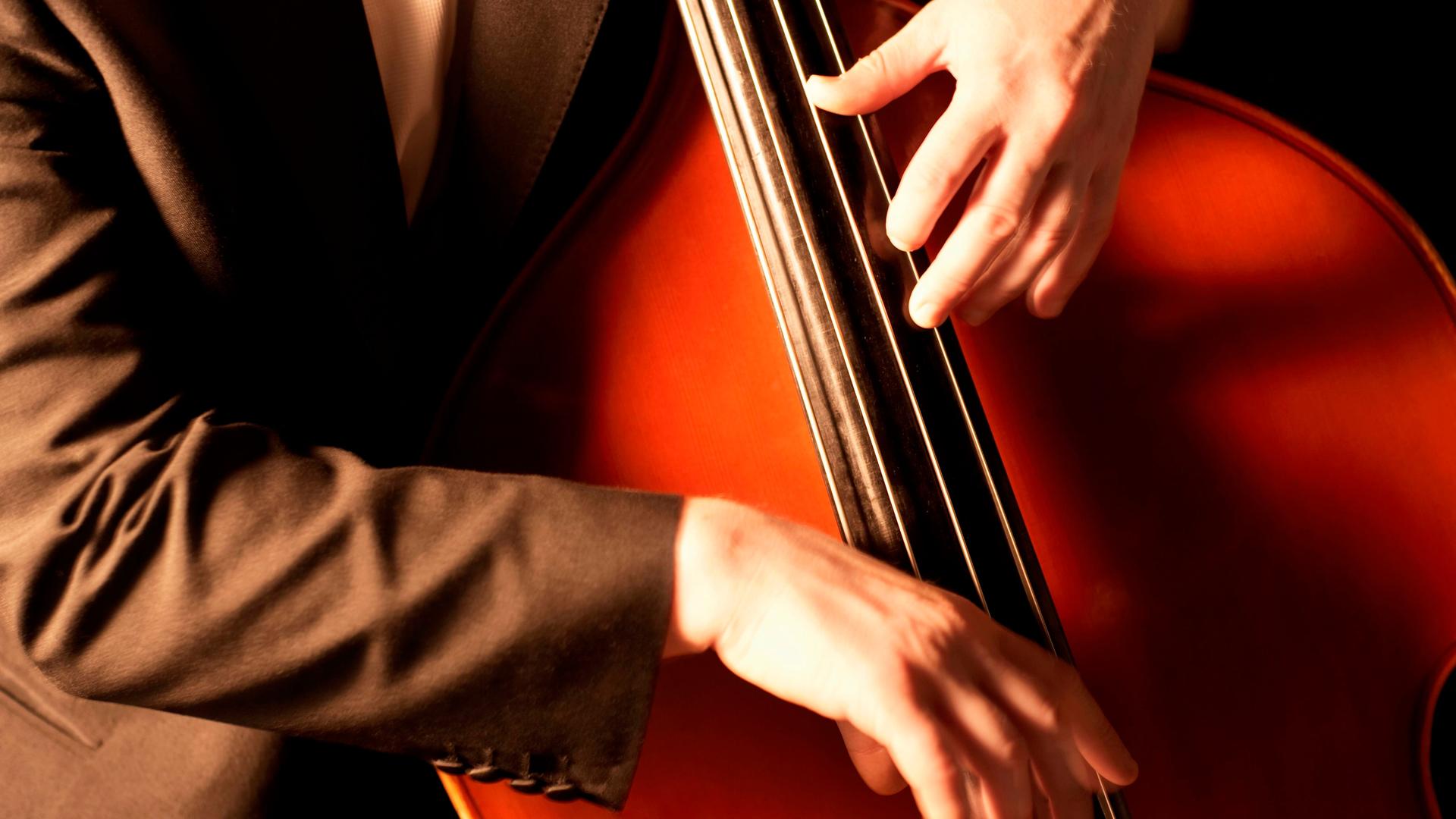 Zwei Hände eines Konzertsolisten halten und spielen einen Kontrabass.