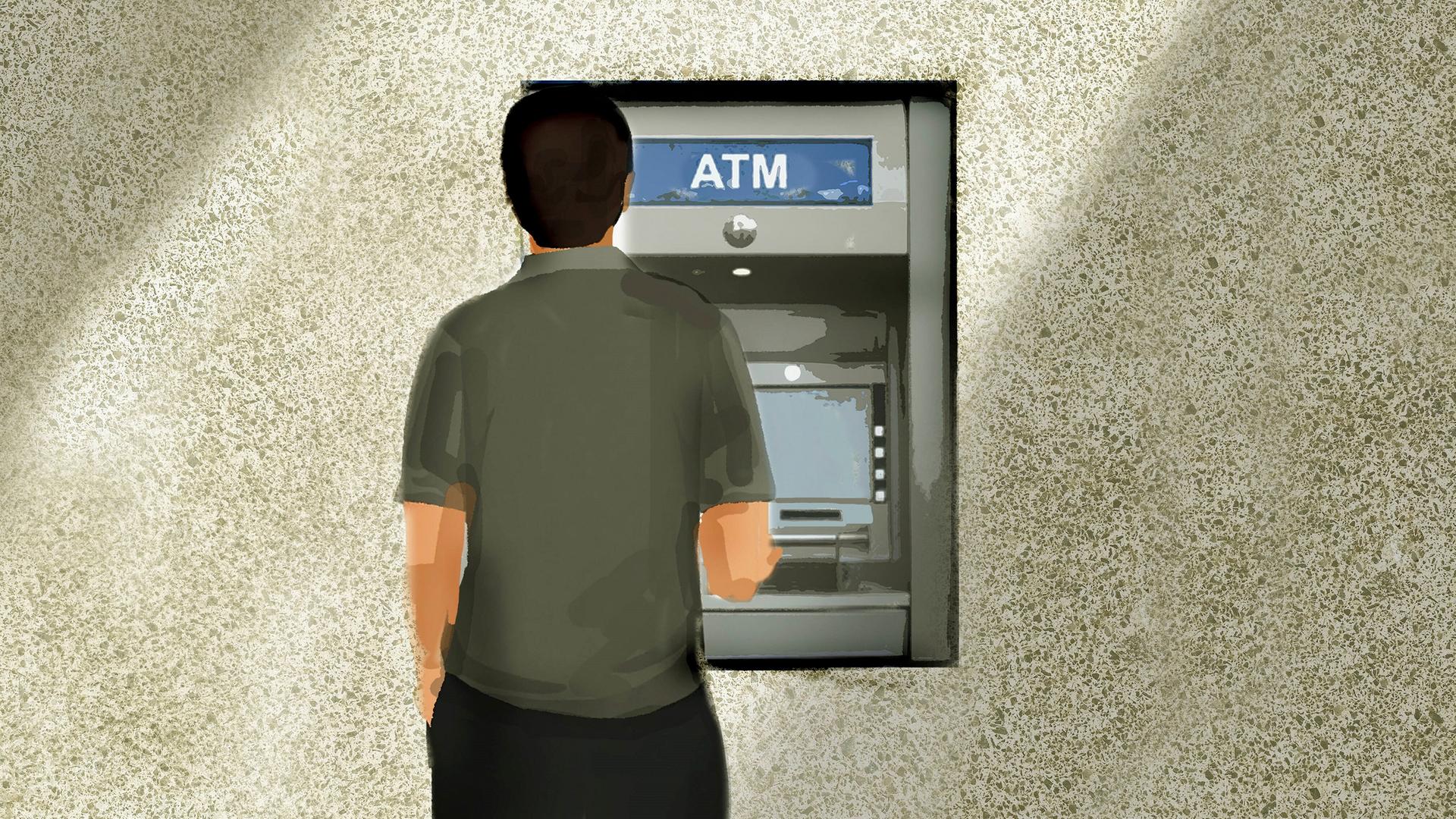Illustration: Ein Mann an einem Geldautomaten. Illustration: Ein Mann an einem Geldautomaten.