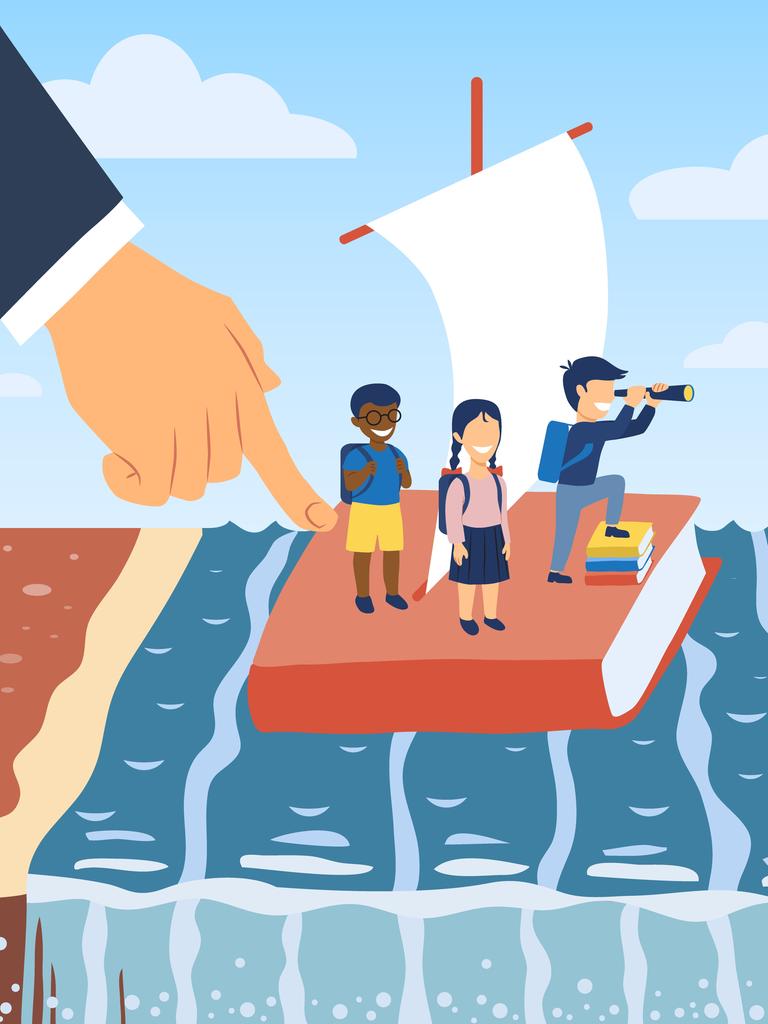 Illustration: Eine Gruppe Kinder steht auf einem Floß aus einem Buch. Eine große Erwachsenenhand tippt es an.