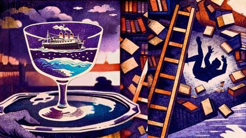Zweigeteilte Illustration: Links ein Weinglas, darin ein Schiff. Rechts ein von einer Leiter im Bücherregal fallender Mann.