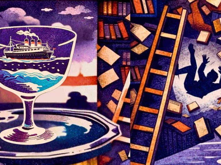 Zweigeteilte Illustration: Links ein Weinglas, darin ein Schiff. Rechts ein von einer Leiter im Bücherregal fallender Mann.
