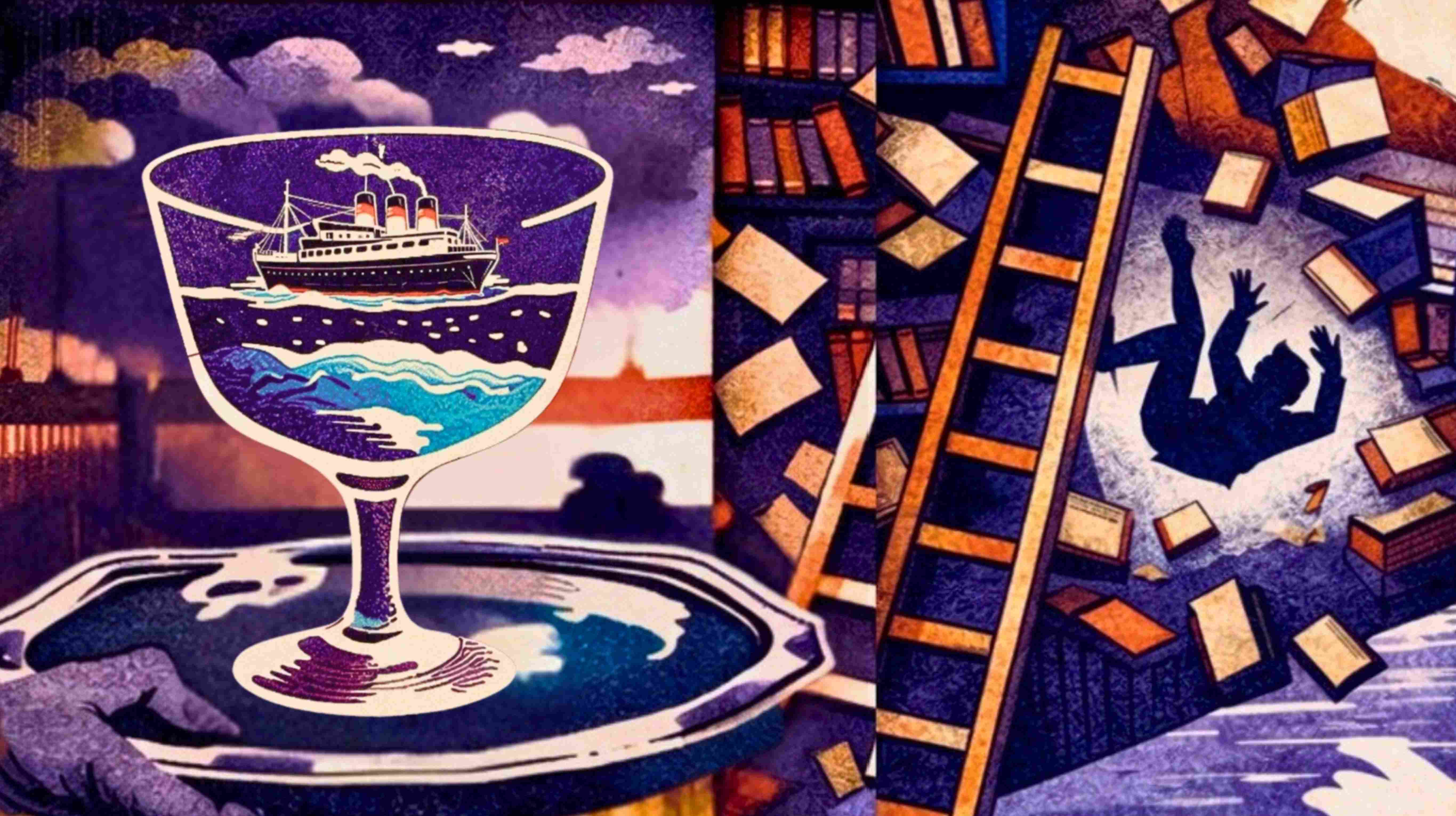 Zweigeteilte Illustration: Links ein Weinglas, darin ein Schiff. Rechts ein von einer Leiter im Bücherregal fallender Mann.