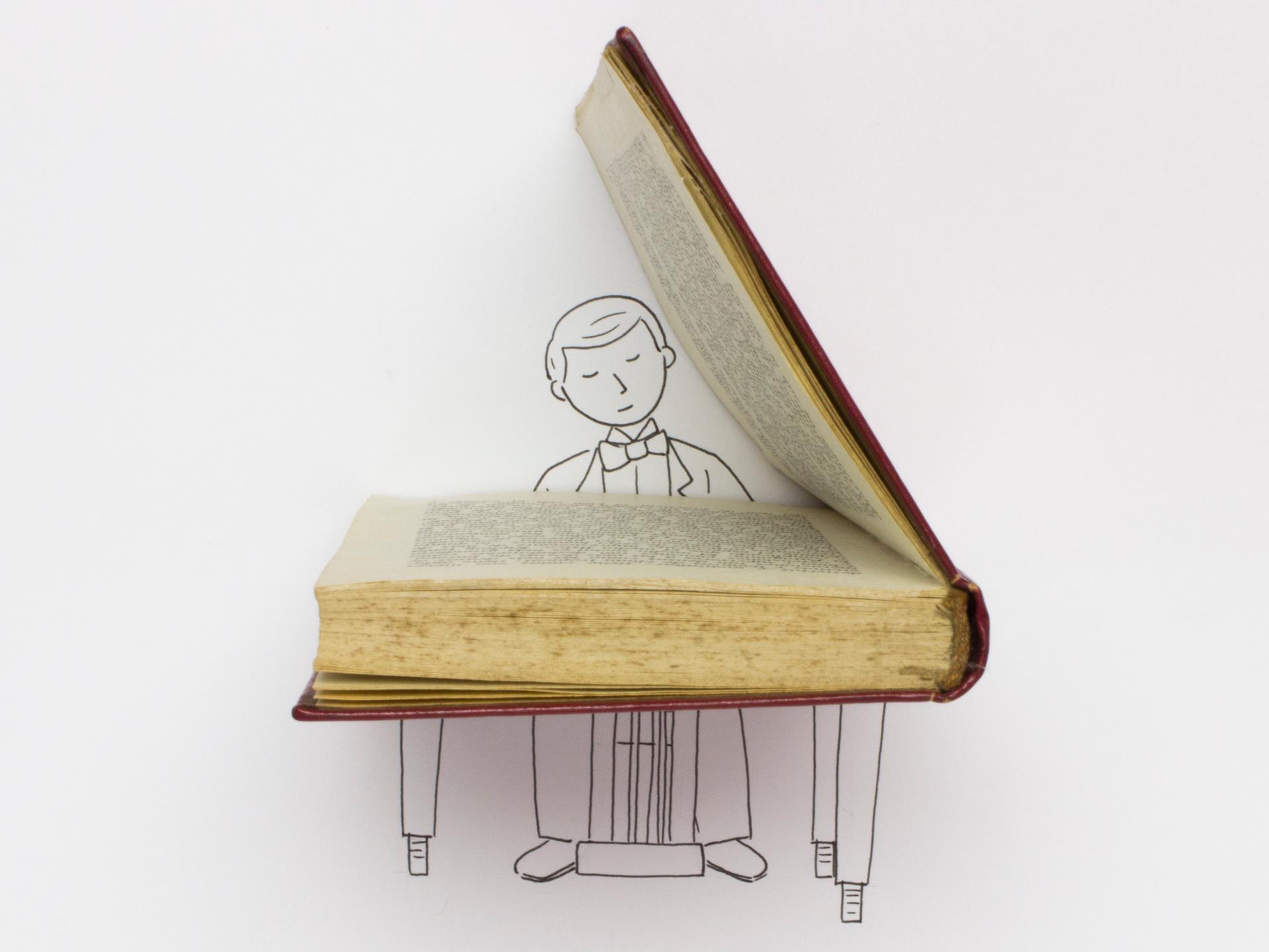 Illustration: Ein gezeichneter Pianist, er sitzt an seinem Instrument. Der geöffnete Flügel ist ein Buch.