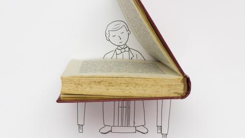 Illustration: Ein gezeichneter Pianist, er sitzt an seinem Instrument. Der geöffnete Flügel ist ein Buch.