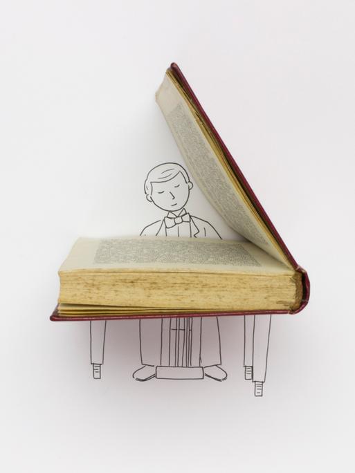 Illustration: Ein gezeichneter Pianist, er sitzt an seinem Instrument. Der geöffnete Flügel ist ein Buch.