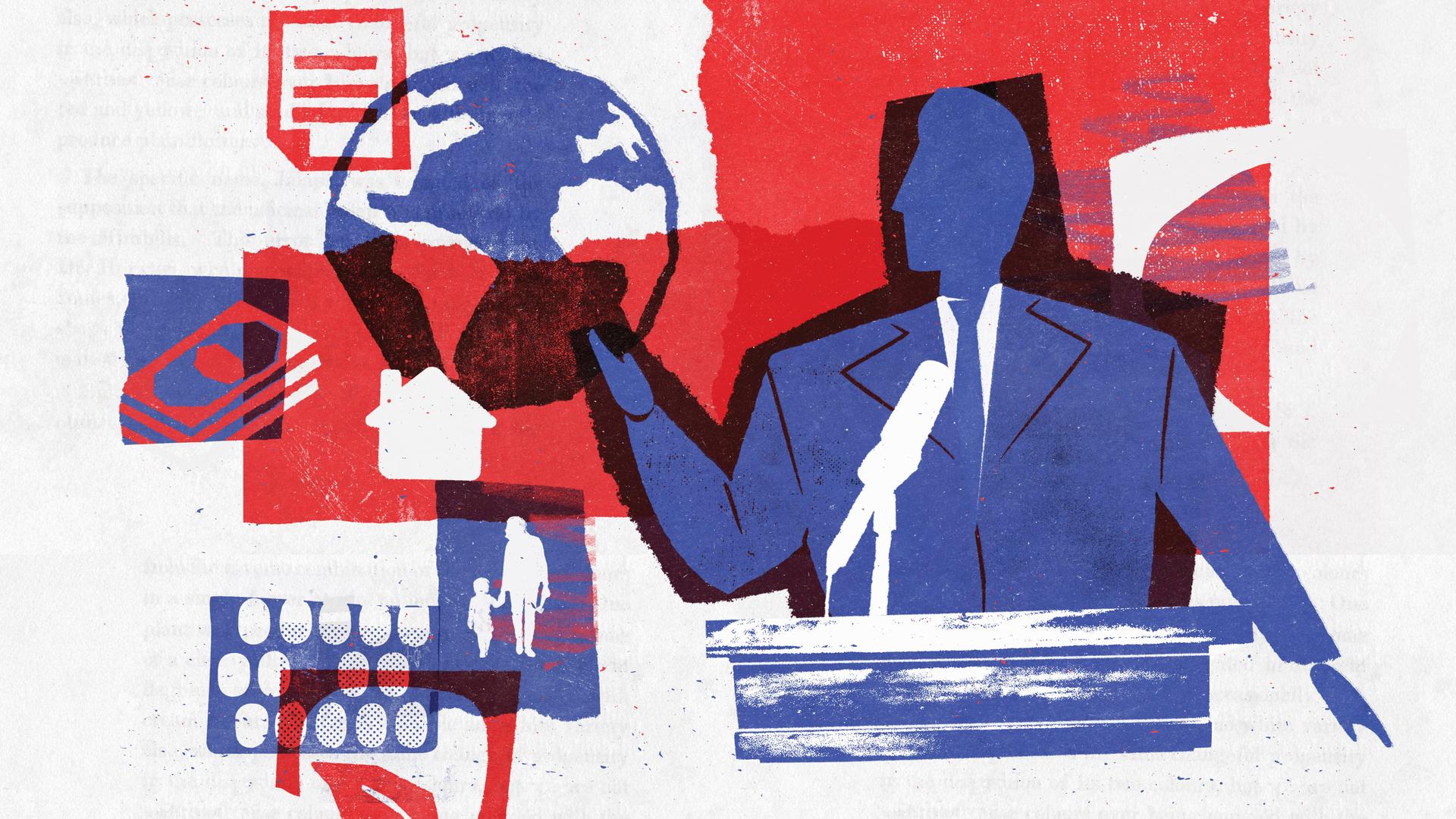 Illustration im Collage Technik zeigt eine Person/Politiker an einem Pult, in der Hand eine Weltkugel balanzierend.