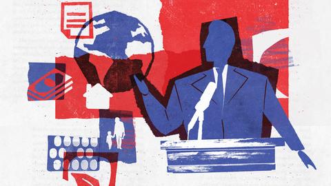 Illustration im Collage Technik zeigt eine Person/Politiker an einem Pult, in der Hand eine Weltkugel balanzierend.
