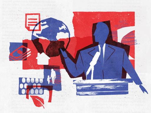 Illustration im Collage Technik zeigt eine Person/Politiker an einem Pult, in der Hand eine Weltkugel balanzierend.