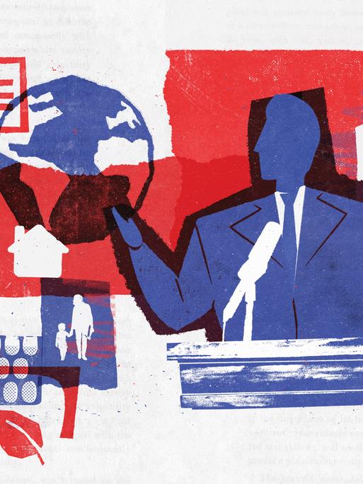 Illustration im Collage Technik zeigt eine Person/Politiker an einem Pult, in der Hand eine Weltkugel balanzierend.