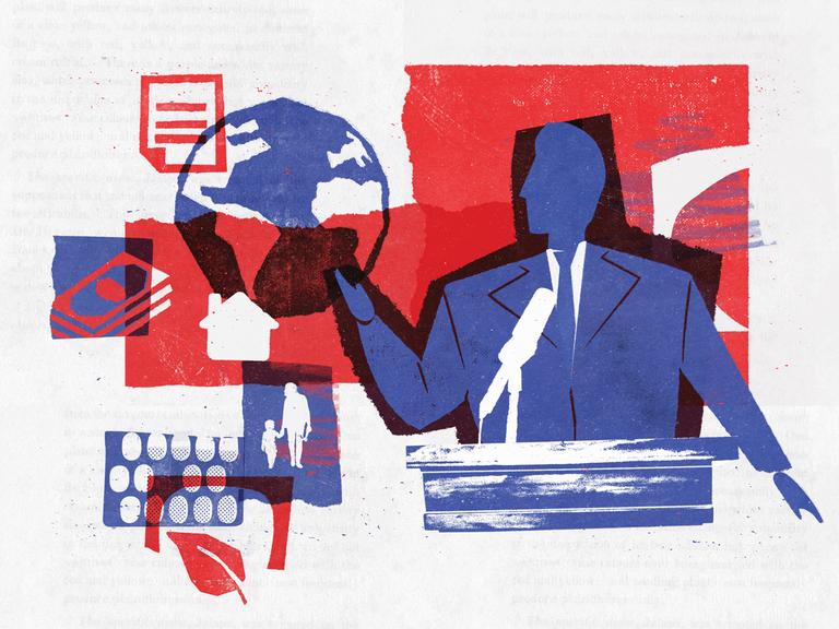 Illustration im Collage Technik zeigt eine Person/Politiker an einem Pult, in der Hand eine Weltkugel balanzierend.