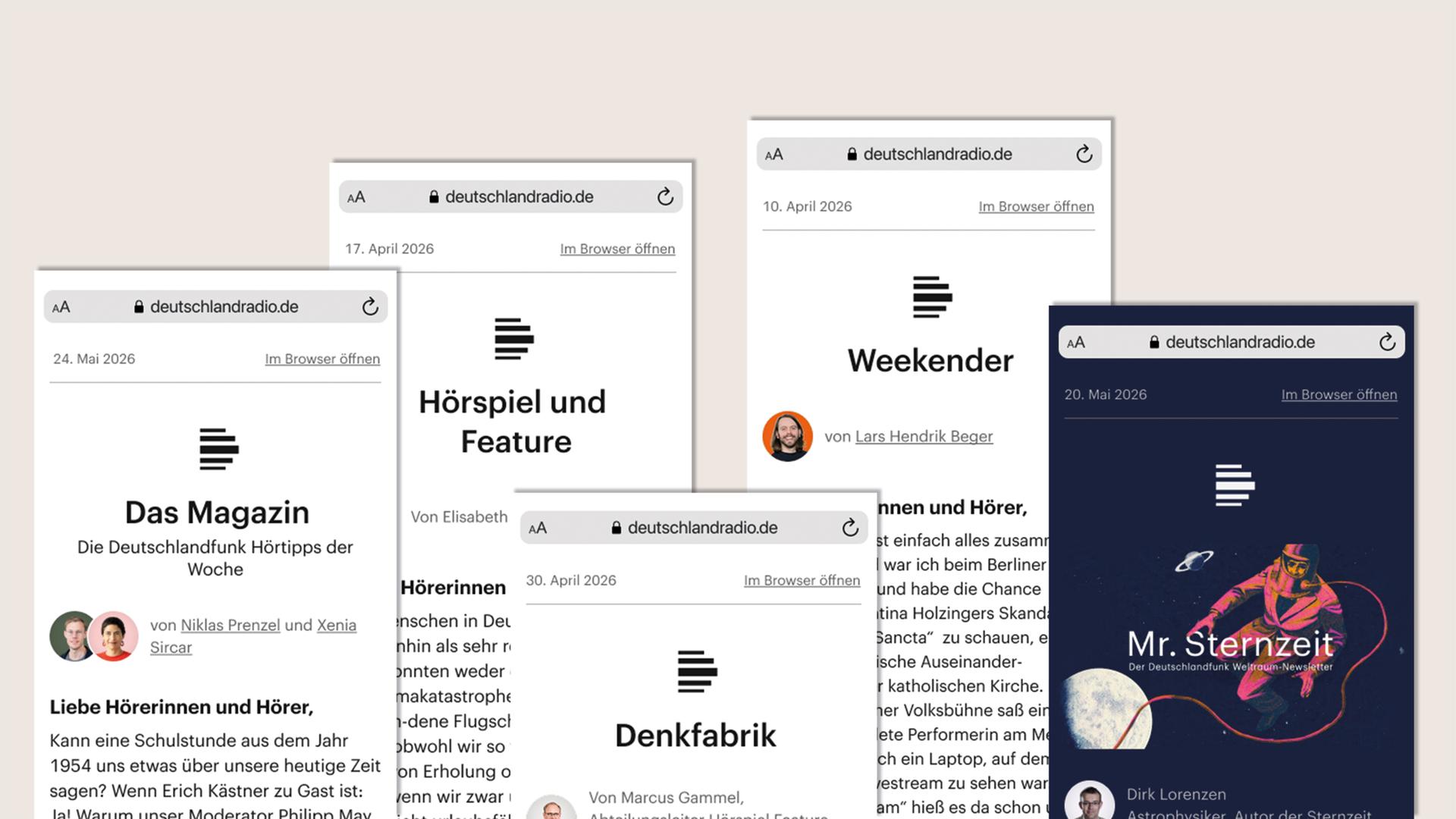 Fünf Newsletter des Deutschlandfunks auf beigem Hintergrund