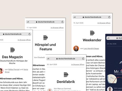 Fünf Newsletter des Deutschlandfunks auf beigem Hintergrund