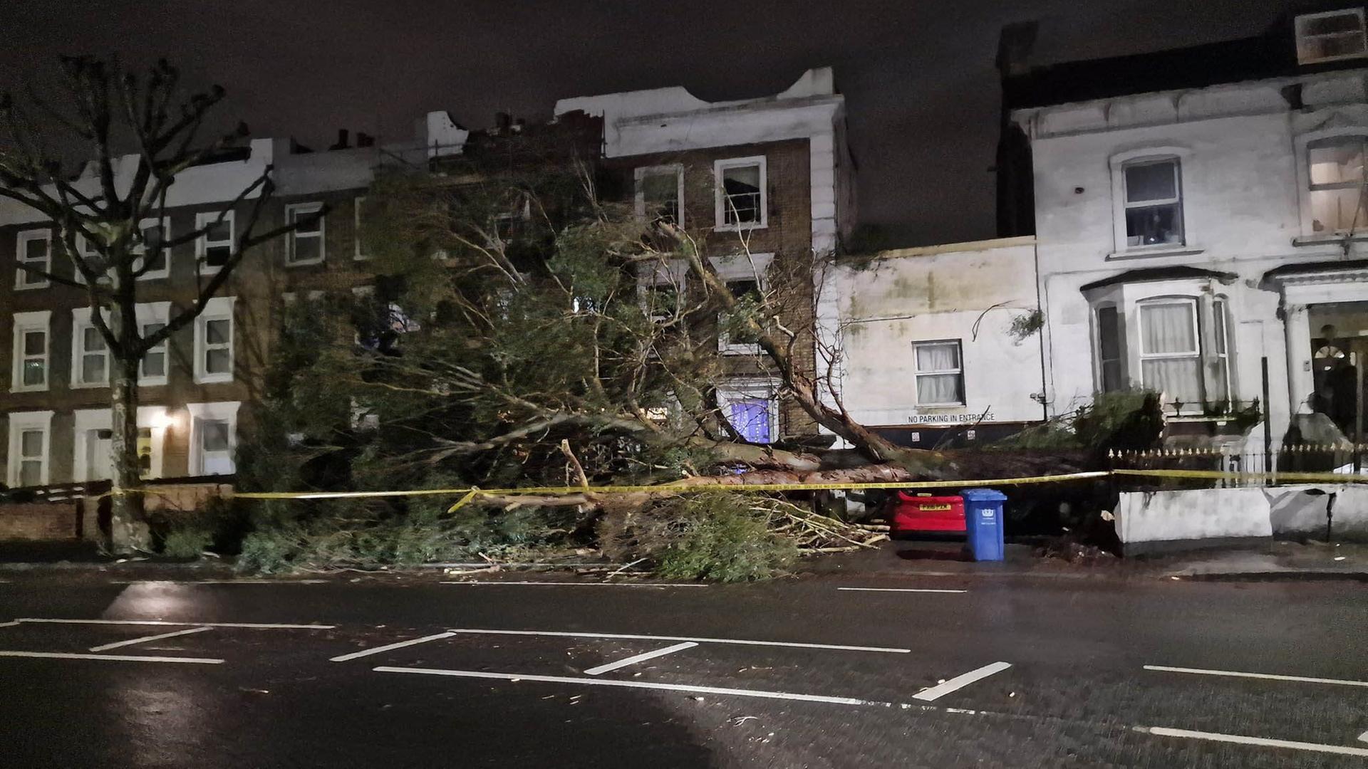 Großbritannien, London: Abgesperrter Bereich vor Wohnhäusern, nachdem Sturm "Henk" einen Baum entwurzelte, der vor den Gebäuden ein Auto unter sich begrub. Großbritannien, London: Abgesperrter Bereich vor Wohnhäusern, nachdem Sturm "Henk" einen Baum entwurzelte, der vor den Gebäuden ein Auto unter sich begrub.