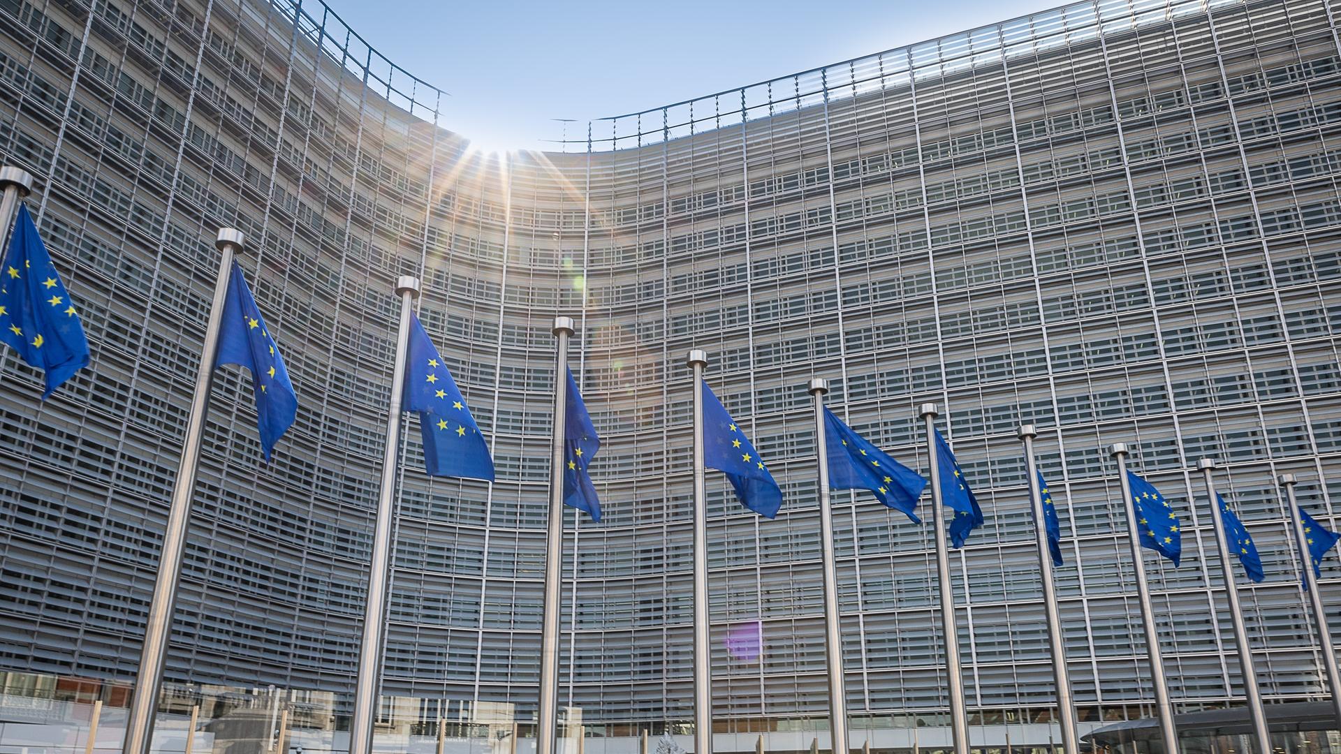 Illustration shows European flags at the Berlaymont which houses the headquarters of the European Commission, the executive branch of the European Union (EU), Tuesday 18 April 2023. The structure is located on the Robert Schuman Roundabout at 200, rue de la Loi / Wetstraat, in what is known as the 'European Quarter'. The unique form of the Berlaymont's architecture is used in the European Commission's official emblem BELGA PHOTO JAMES ARTHUR GEKIERE