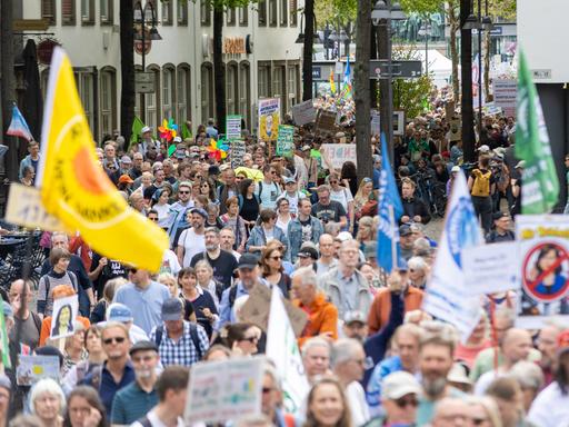 Zahlreiche Menschen mit Fahnen und Transparenten auf einer Straße