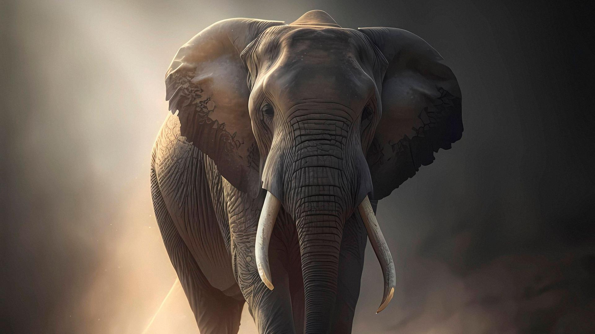 Ein Afrikanischer Elefant steht auf sandigen Boden, im hintergrund Sonnenlicht.