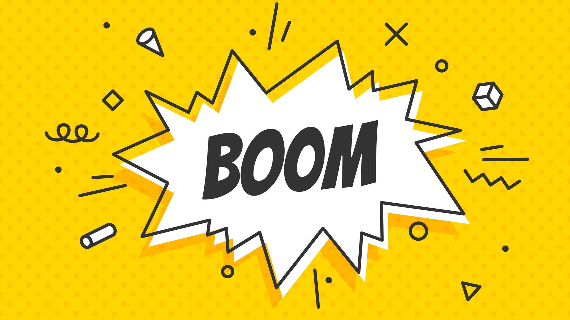 Eine zackige Sprechblase mit der Schrift "Boom" auf gelbem Grund