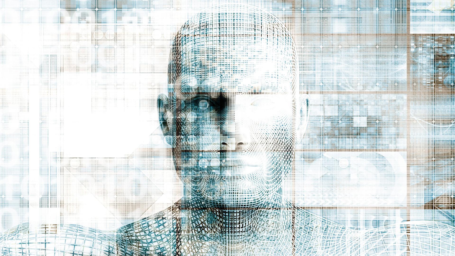 In technoiden Strukturen zeichnet sich ein menschliches Gesicht ab.