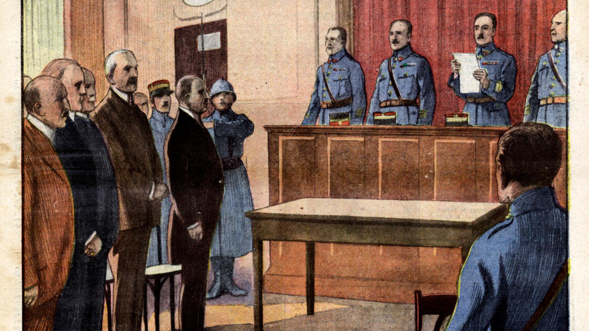 Prozess gegen Gustav Krupp von Bohlen und Halbach und Krupp-Manager ab Mai 1923 vor einem französischen Militär-Tribunal. Aufmacher der Zeitschrift "Petit Journal" vom 20. Mai 1923