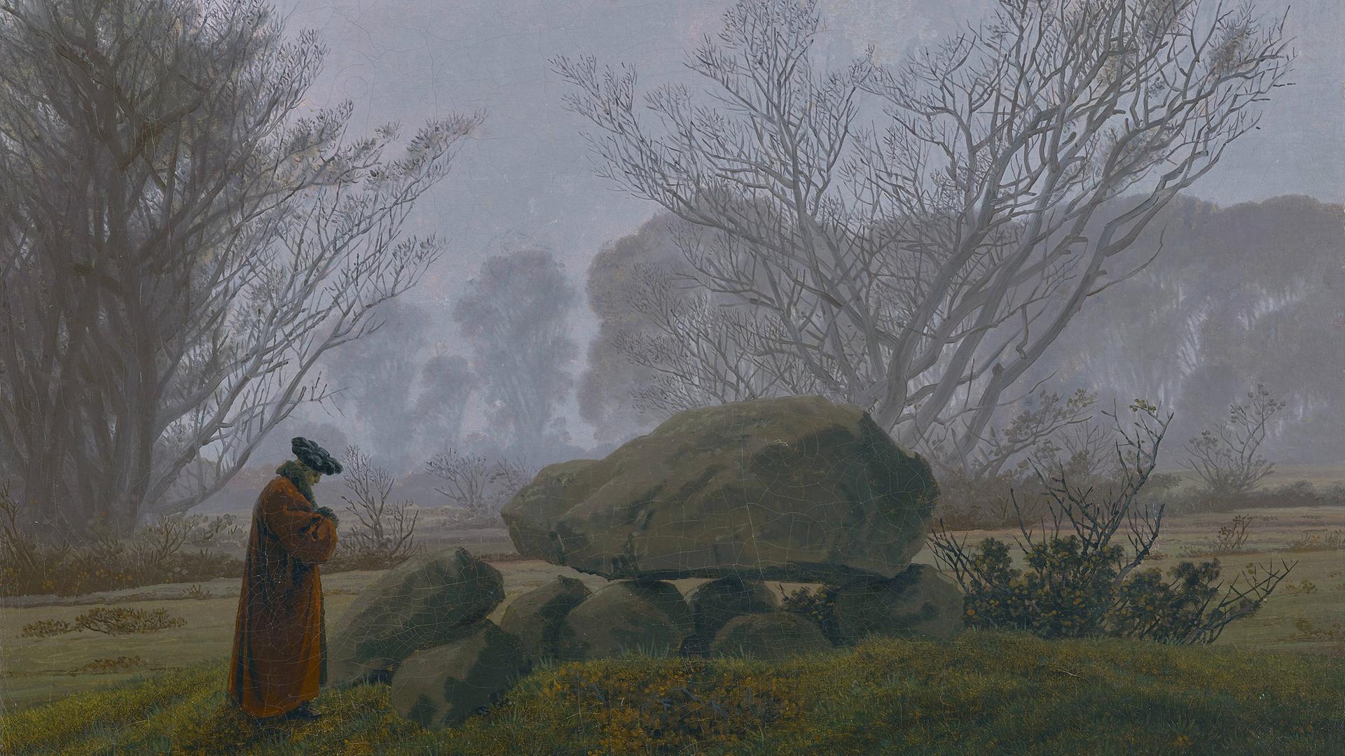 Digitale Reproduktion des Kunstwerks DÄMMERUNG von Caspar David Friedrich, ca. 1833, Öl auf Leinwand. Das Bild zeigt einen Spaziergänger in der dunstigen Abenddämmerung bei Mondenschein. 