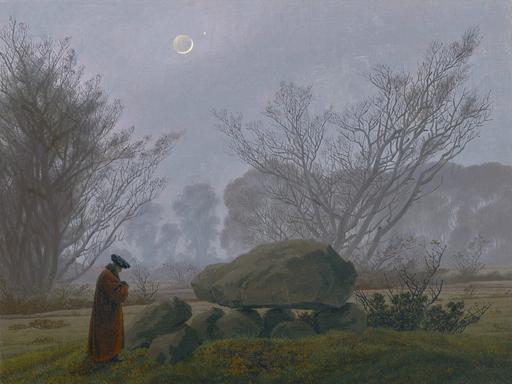 Digitale Reproduktion des Kunstwerks DÄMMERUNG von Caspar David Friedrich, ca. 1833, Öl auf Leinwand. Das Bild zeigt einen Spaziergänger in der dunstigen Abenddämmerung bei Mondenschein. 