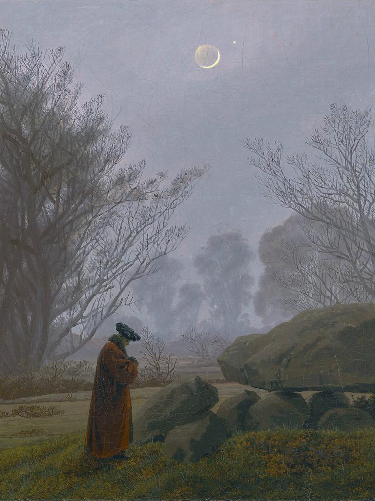 Digitale Reproduktion des Kunstwerks DÄMMERUNG von Caspar David Friedrich, ca. 1833, Öl auf Leinwand. Das Bild zeigt einen Spaziergänger in der dunstigen Abenddämmerung bei Mondenschein. 