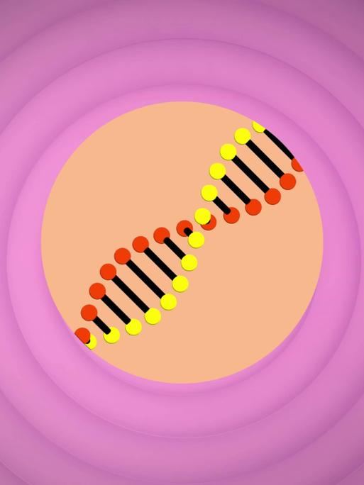 Illustration einer sich drehenden DNA-Struktur über konzentrischen Kreisen vor lila Hintergrund.