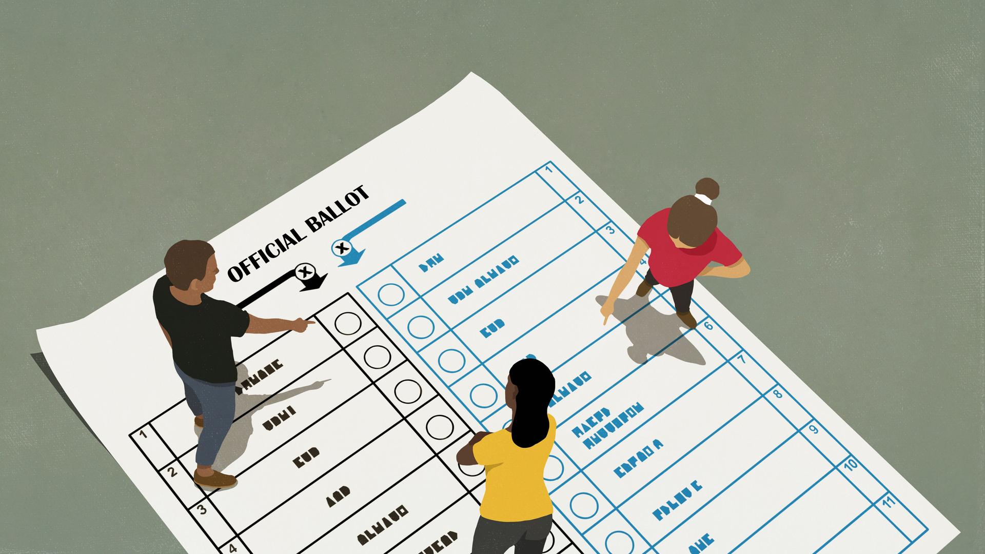 Illustration: Menschen sprechen und zeigen auf einen Stimmzettel für wahlen, auf dem sie stehen.