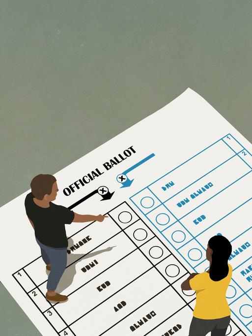 Illustration: Menschen sprechen und zeigen auf einen Stimmzettel für wahlen, auf dem sie stehen.