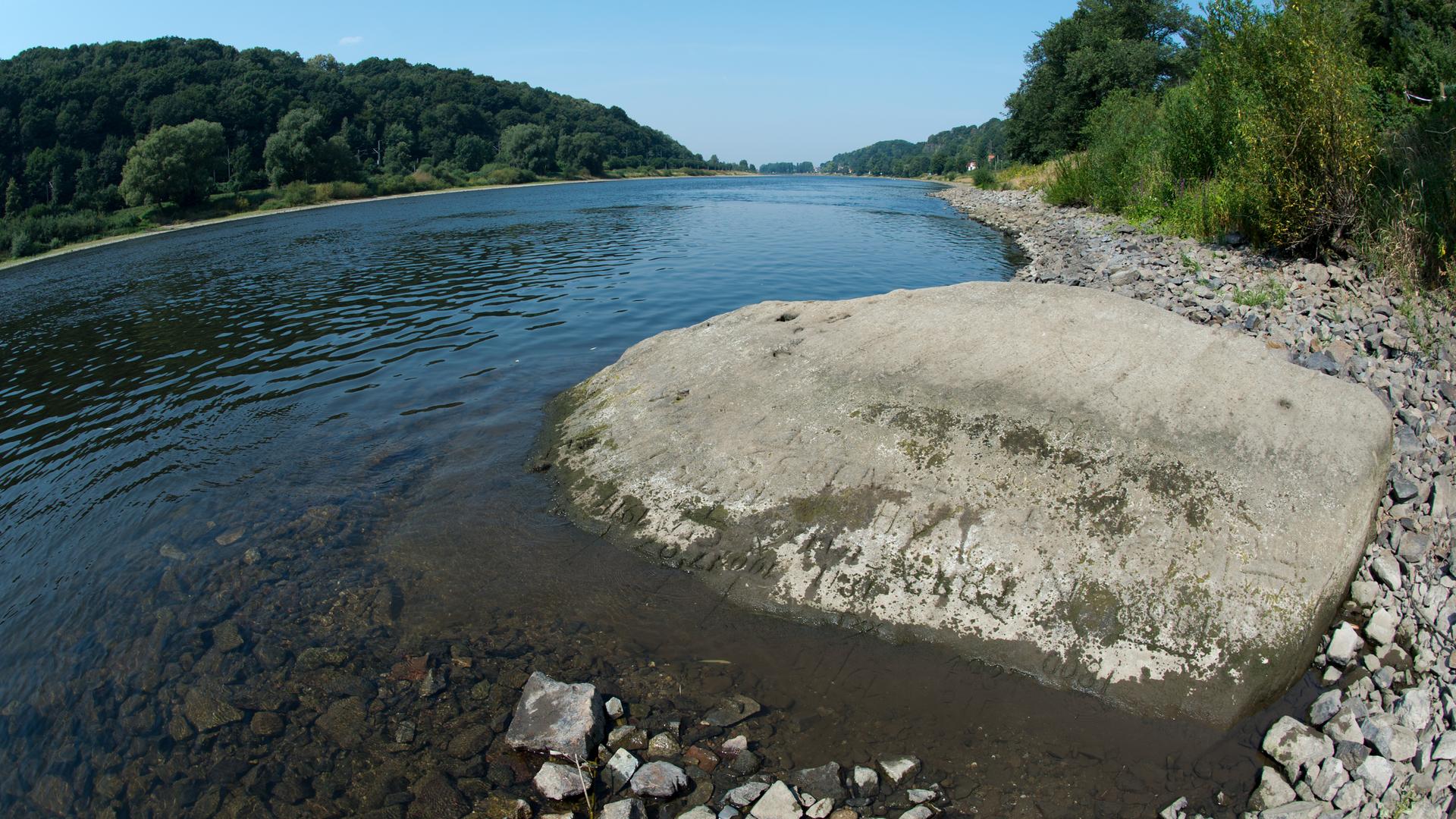 Ein sogenannter Hungerstein mit Jahreszahlen liegt am 11.08.2015 gut sichtbar in der Elbe bei Pirna-Oberposta (Sachsen). 