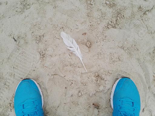 Vogelperspektive auf eine im Sand liegende Feder. Links und rechts im unteren Bildrand die Spitzen blauer Turnschuhe.