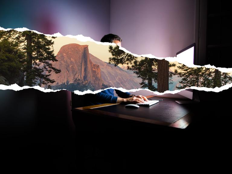 Eine Bildcollage zeigt einen Riss der durch das Bild eines Mannes geht, der vor einem Computer sitzt. In der Rissfläche zeigt sich eine Naturpanorama.