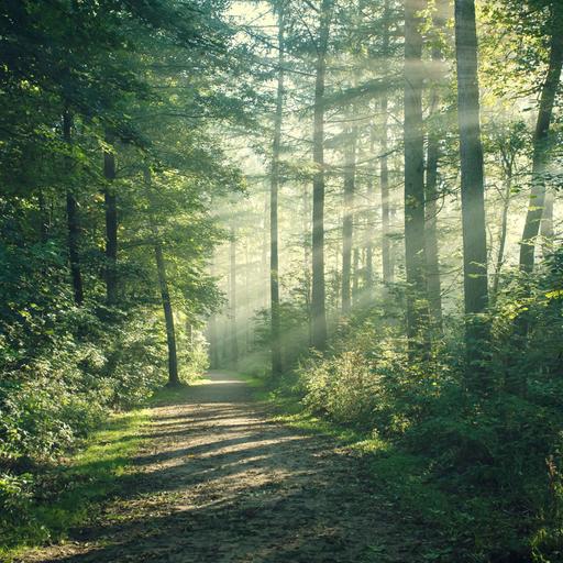 Ein Waldweg auf den durch die Bäume Sonnenstrahlen fallen.