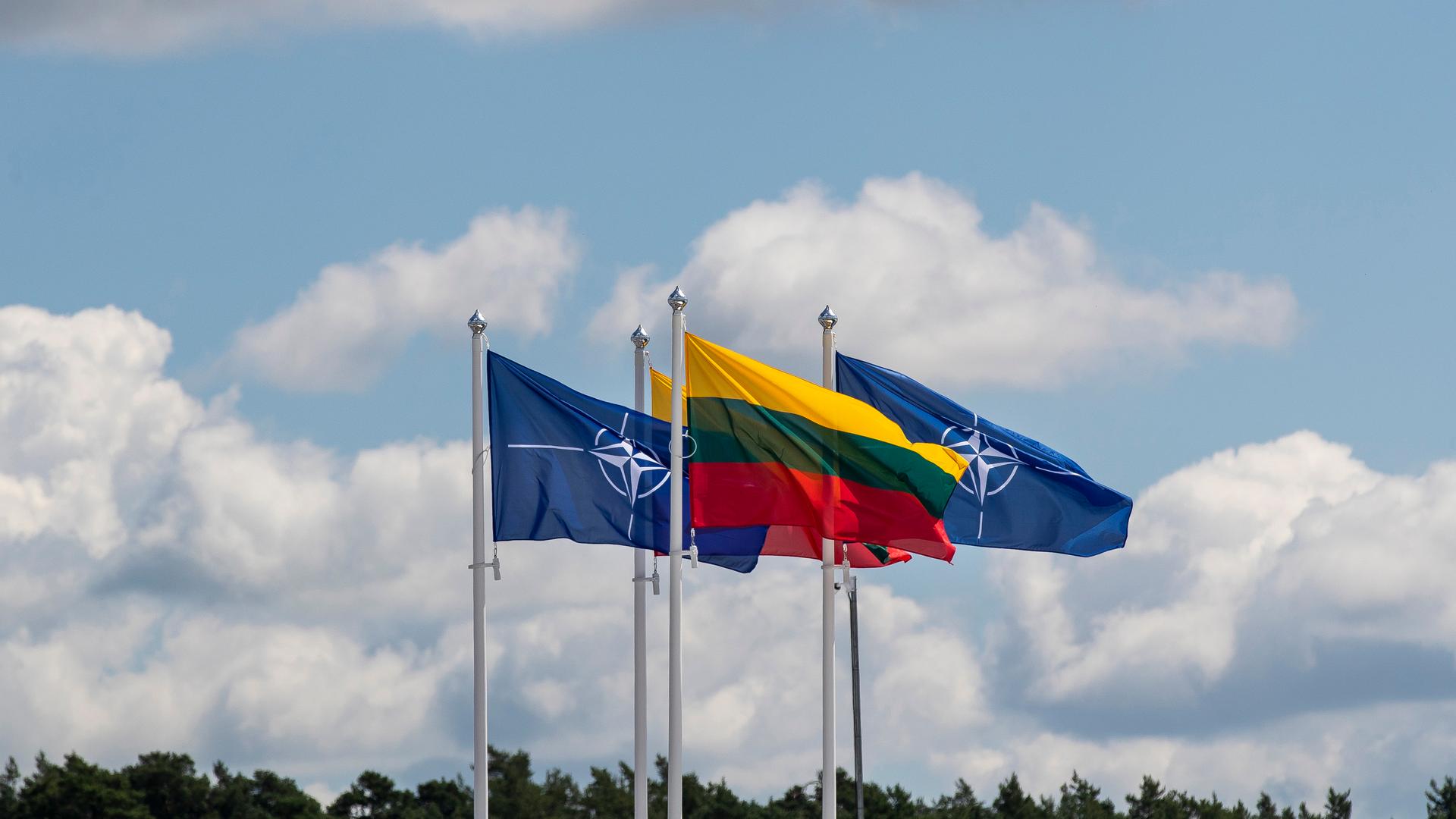 Flaggen Litauens und der NATO wehen im Wind in Vilnius.