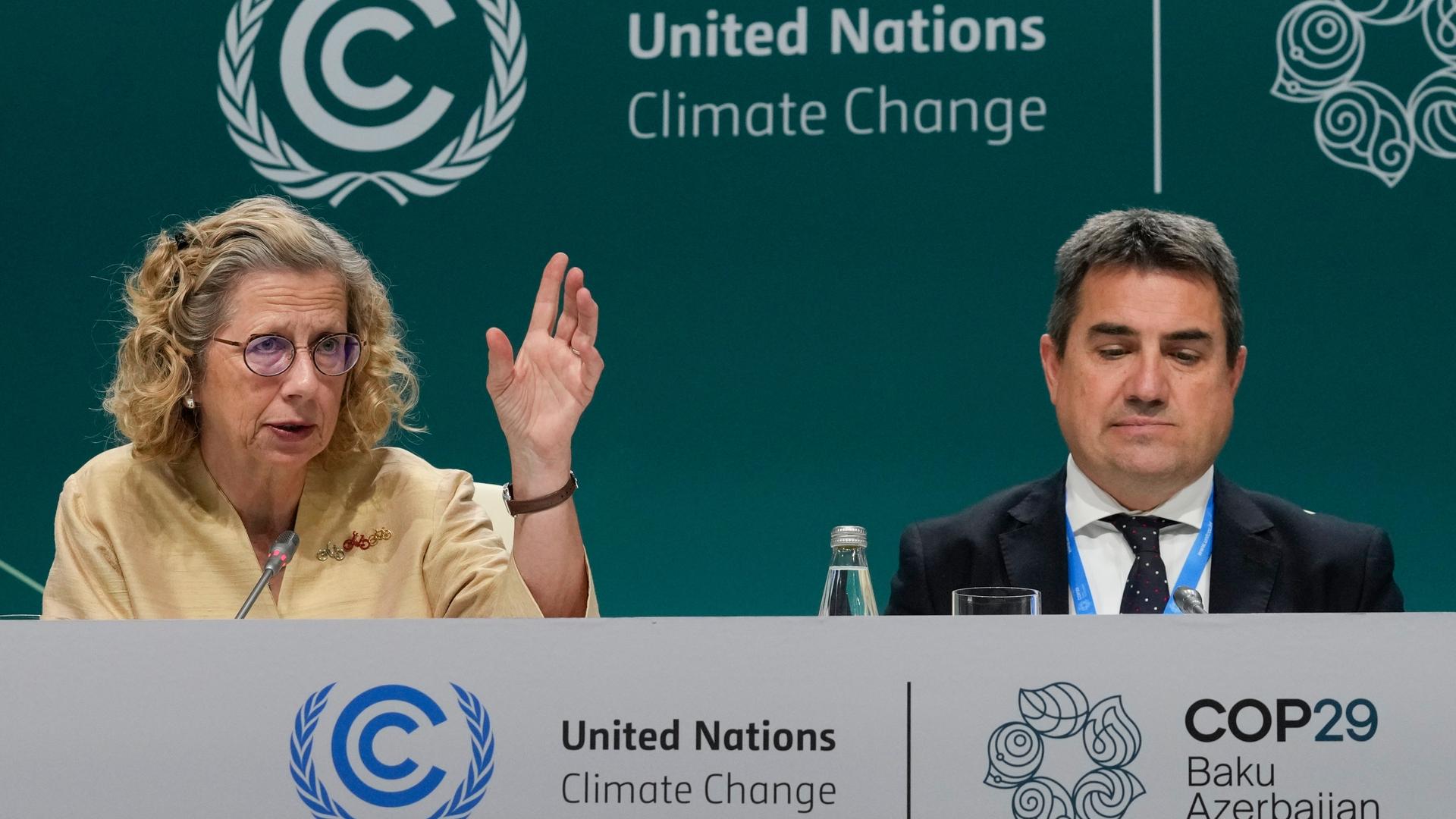 Baku: Inger Anderson (l), Direktorin des UN-Umweltprogramms UNEP, und Tibor Stelbaczky, Hauptberater der EU für Energiediplomatie, nehmen an einer Pressekonferenz im Rahmen des UN-Klimagipfels COP29 teil.