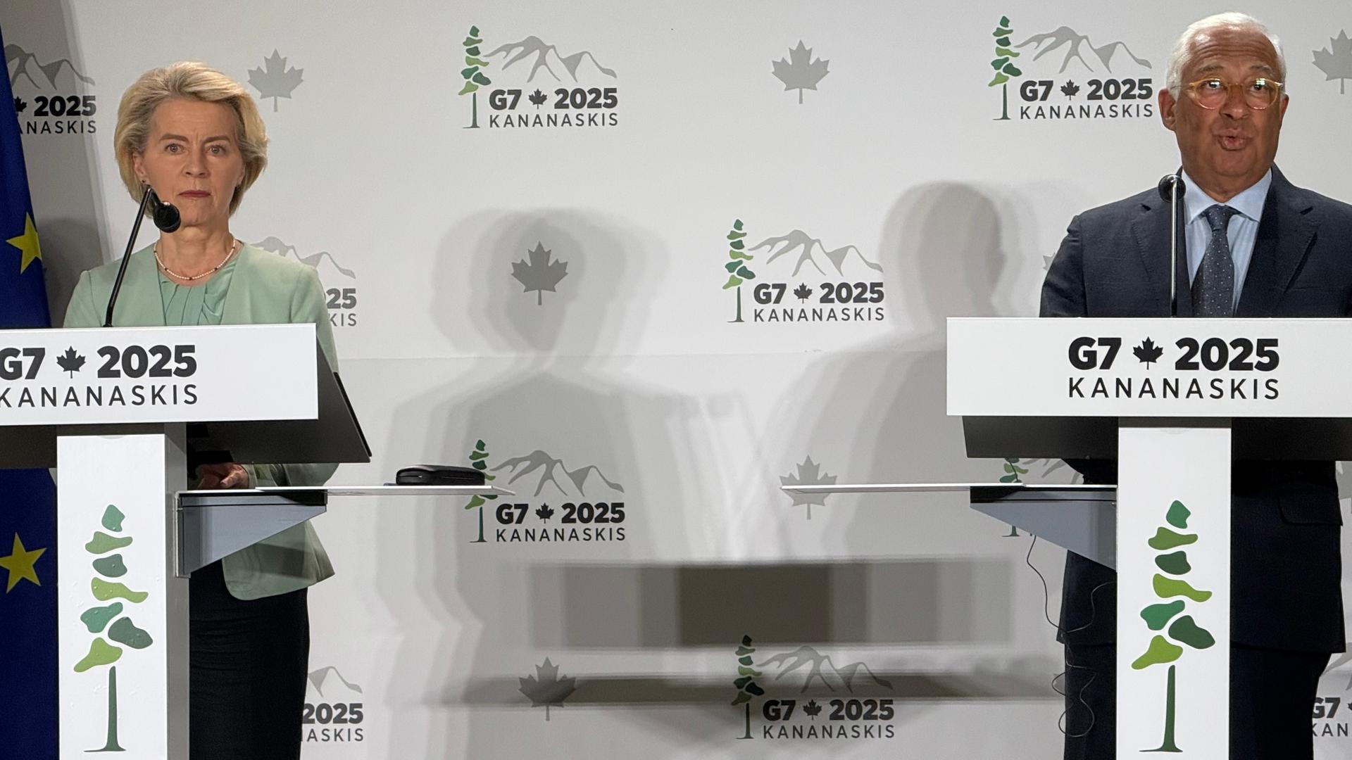EU-Kommissionspräsidentin Ursula von der Leyen und EU-Ratspräsident António Costa sprechen bei einer Pressekonferenz vor dem Beginn des G7-Gipfels in Kanada. EU-Kommissionspräsidentin Ursula von der Leyen und EU-Ratspräsident António Costa sprechen bei einer Pressekonferenz vor dem Beginn des G7-Gipfels in Kanada.
