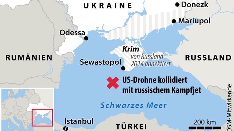 Grafik-Karte Nr. 105453, Querformat 90 x 60 mm; Grobe Verortung des Vorfalls: US-Militärdrohne kollidiert mit einem russischem Jet über dem Schwarzen Meer. Grafik-Karte Nr. 105453, Querformat 90 x 60 mm; Grobe Verortung des Vorfalls: US-Militärdrohne kollidiert mit einem russischem Jet über dem Schwarzen Meer.