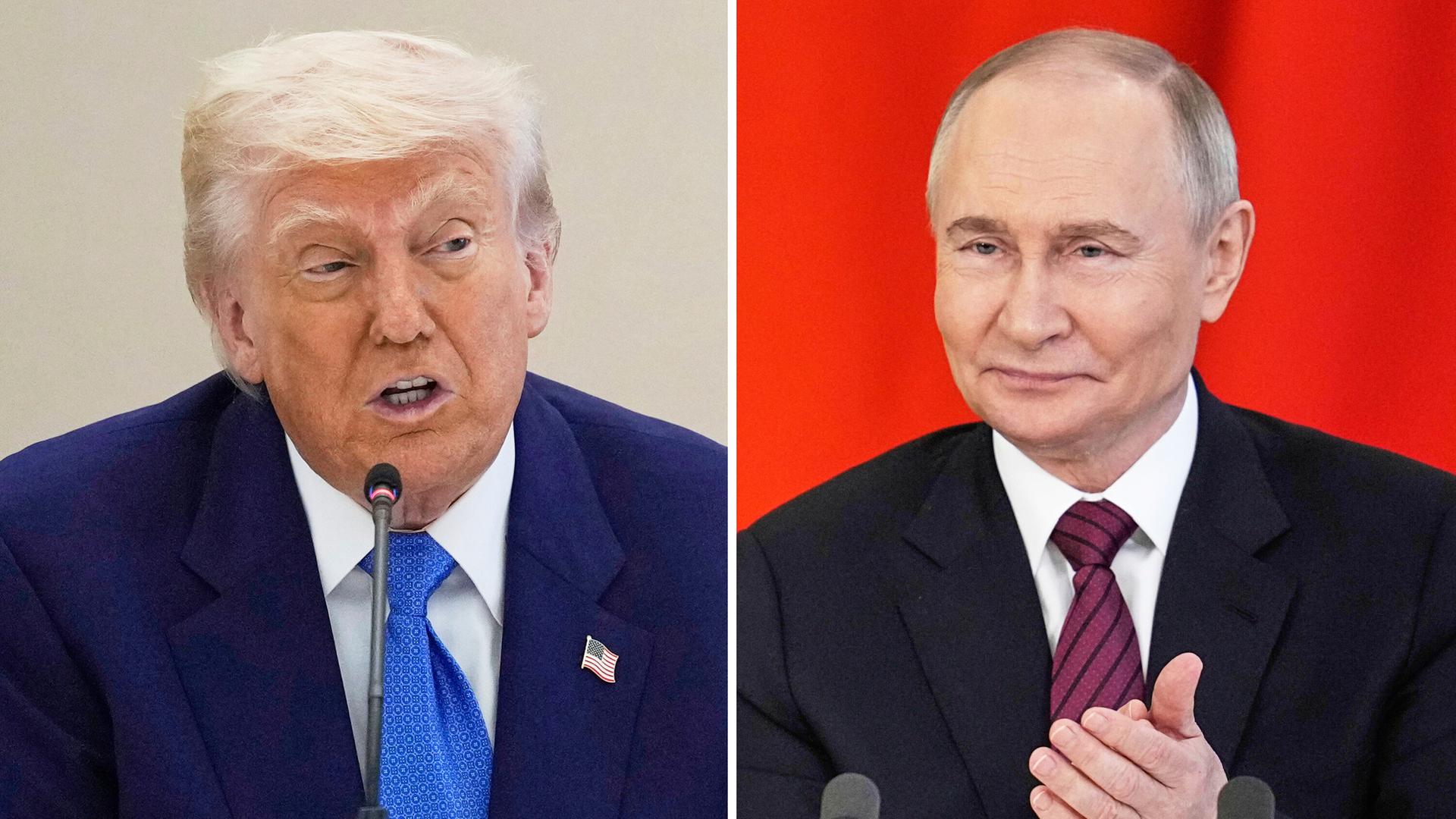 Kombinationsfoto von US-Präsident Donald Trump und dem russischen Präsidenten Wladimir Putin bei einer Wirtschaftsdiskussion am 16. Mai 2025 in Abu Dhabi