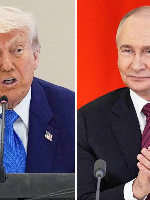 Kombinationsfoto von US-Präsident Donald Trump und dem russischen Präsidenten Wladimir Putin bei einer Wirtschaftsdiskussion am 16. Mai 2025 in Abu Dhabi