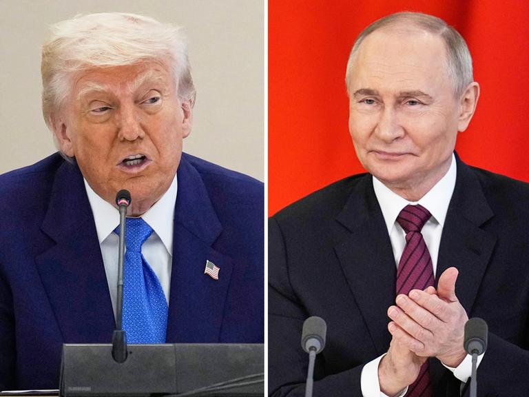Kombinationsfoto von US-Präsident Donald Trump und dem russischen Präsidenten Wladimir Putin bei einer Wirtschaftsdiskussion am 16. Mai 2025 in Abu Dhabi