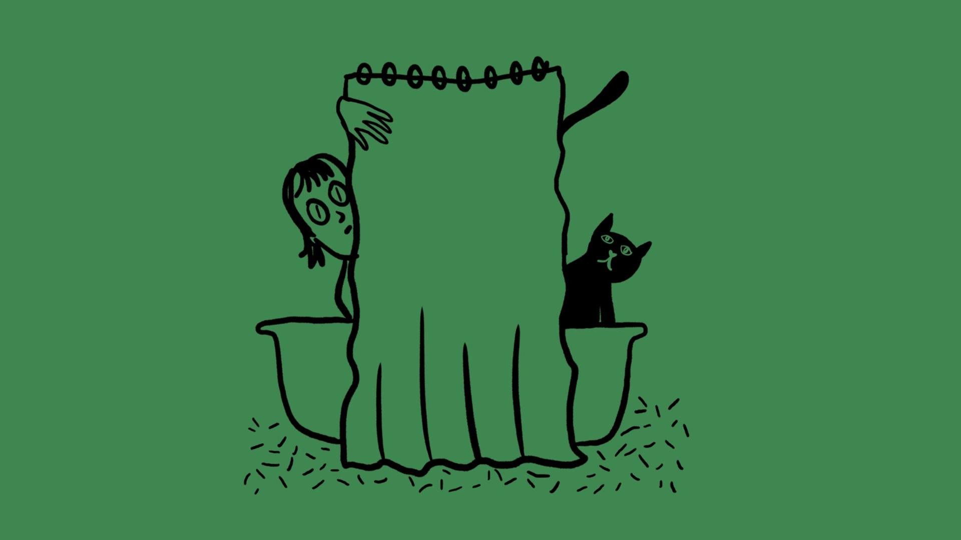Skizze einer Badewanne mit zugezogenem Duschvorhang, links schaut ein Frauenkopf dahinter hervor, rechts eine Katze Skizze einer Badewanne mit zugezogenem Duschvorhang, links schaut ein Frauenkopf dahinter hervor, rechts eine Katze