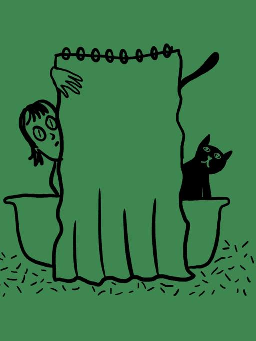 Skizze einer Badewanne mit zugezogenem Duschvorhang, links schaut ein Frauenkopf dahinter hervor, rechts eine Katze Skizze einer Badewanne mit zugezogenem Duschvorhang, links schaut ein Frauenkopf dahinter hervor, rechts eine Katze