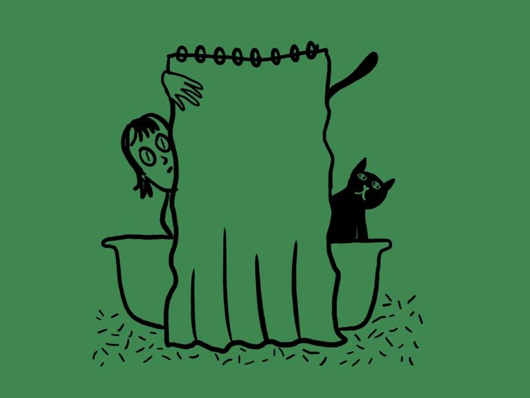 Skizze einer Badewanne mit zugezogenem Duschvorhang, links schaut ein Frauenkopf dahinter hervor, rechts eine Katze Skizze einer Badewanne mit zugezogenem Duschvorhang, links schaut ein Frauenkopf dahinter hervor, rechts eine Katze