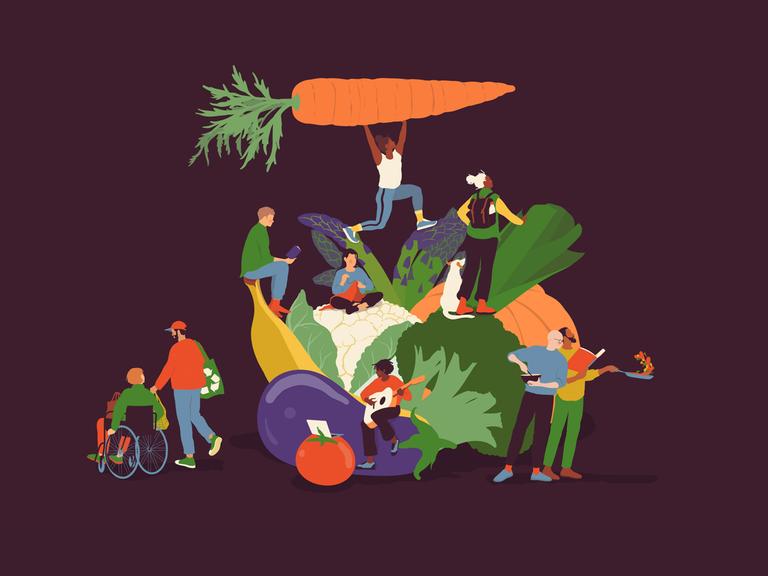 Illustration zeigt aufgetürmtes Gemüse und diverse Menschen mit gesundem Lebensstil.