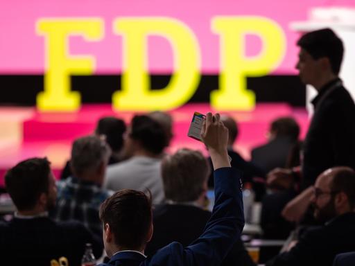 Publikum sitzt vor einer Bühne, auf der das Logo der FDP steht. 