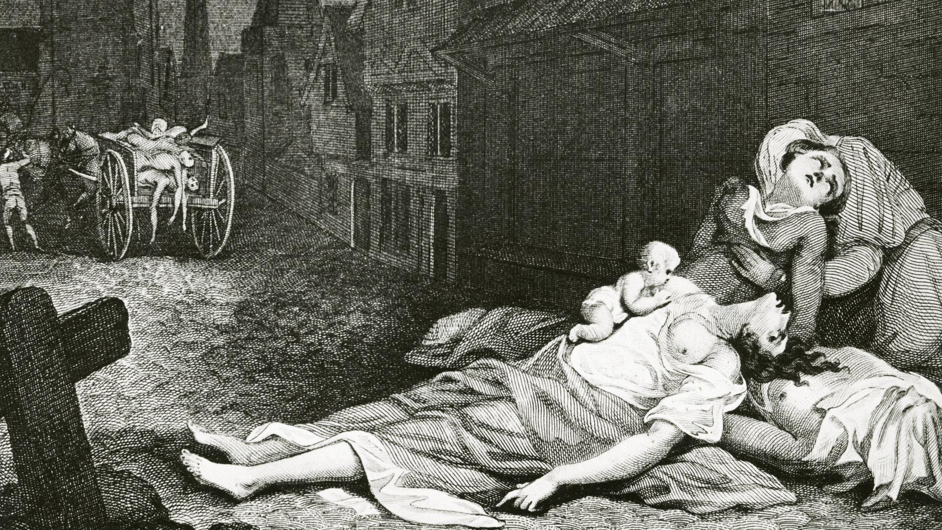 Ein historischer Stich zeigt zwei tote oder sterbende Frauen auf der Straße, an der Brust der ein Frau trinkt ein Säugling