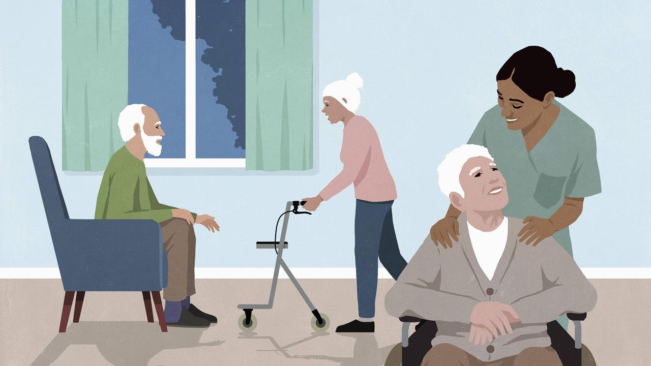 Illustration einer freundlichen Krankenschwester zu der ein ältere Mann im Rollstuhl in einer Pflegeeinrichtung hinaufschaut