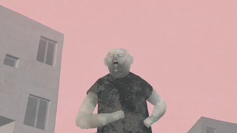 In einer Szene rennt eine illustrierte Person durch eine Straße.