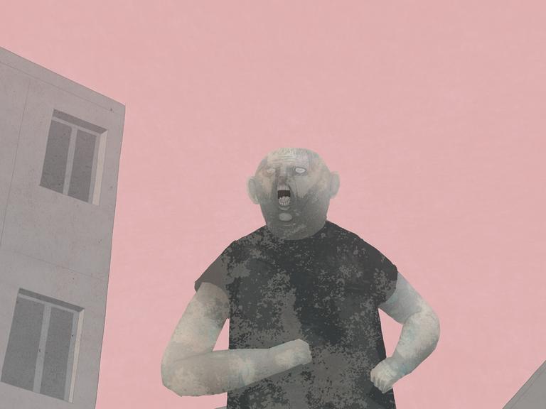 In einer Szene rennt eine illustrierte Person durch eine Straße.