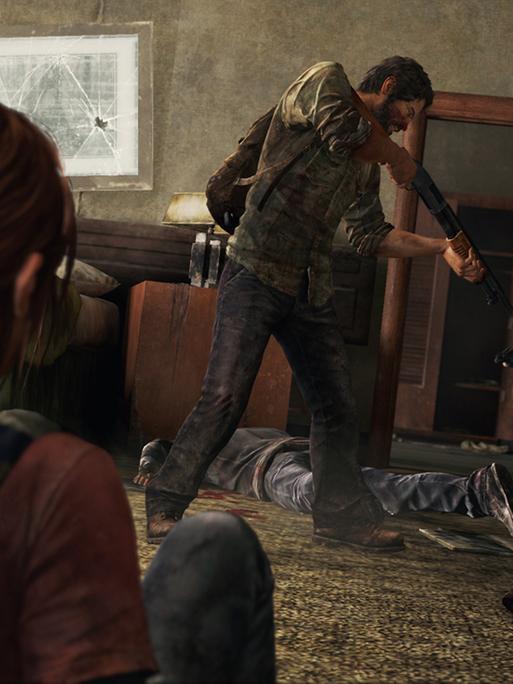 Ein Szenenfoto aus dem Game "The Last of Us" zeigt einen Mann mit einer Waffe, der ein Mädchen vor Angreifern schützt.